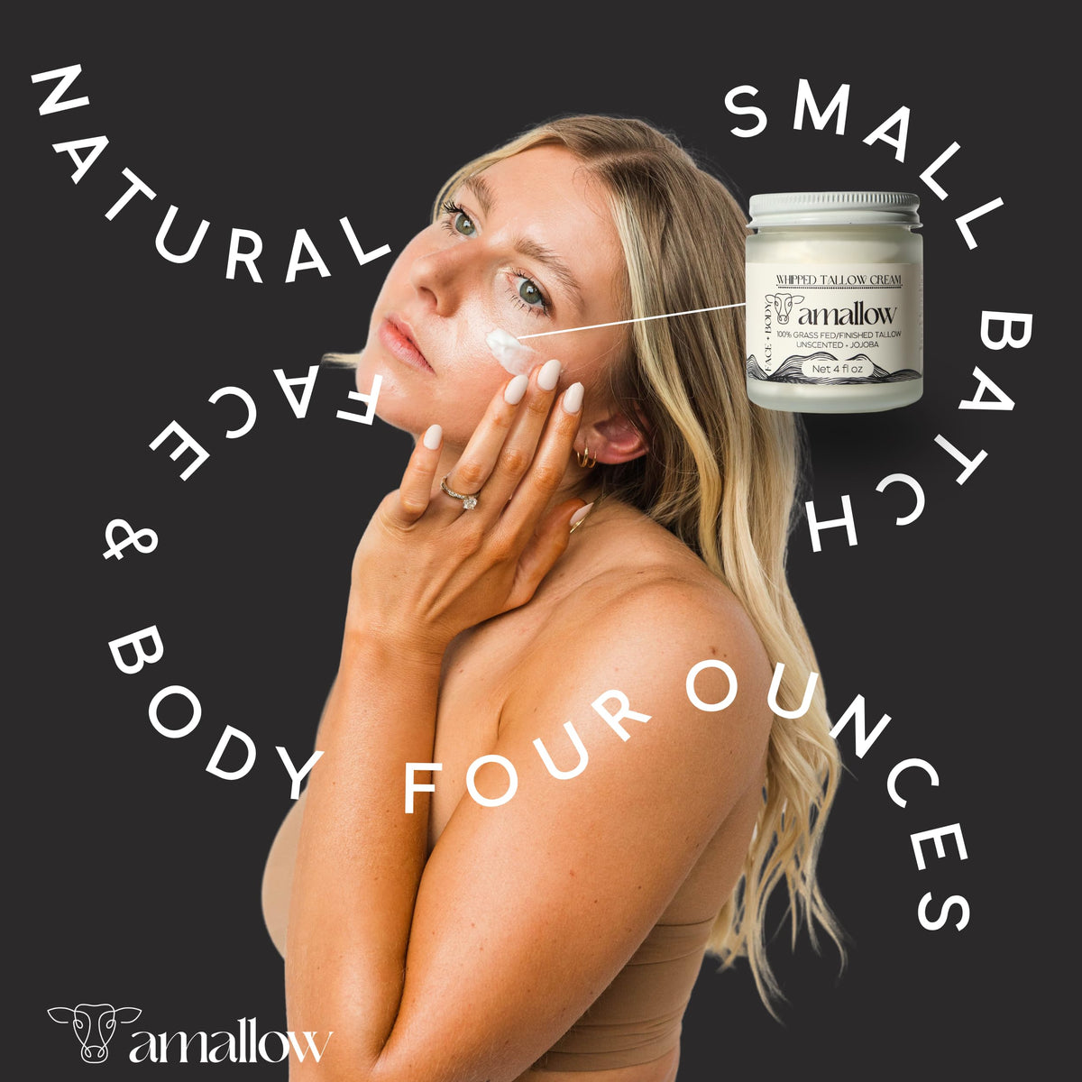 Amallow jar beside a hand for scale to show compact travel-friendly size benefit