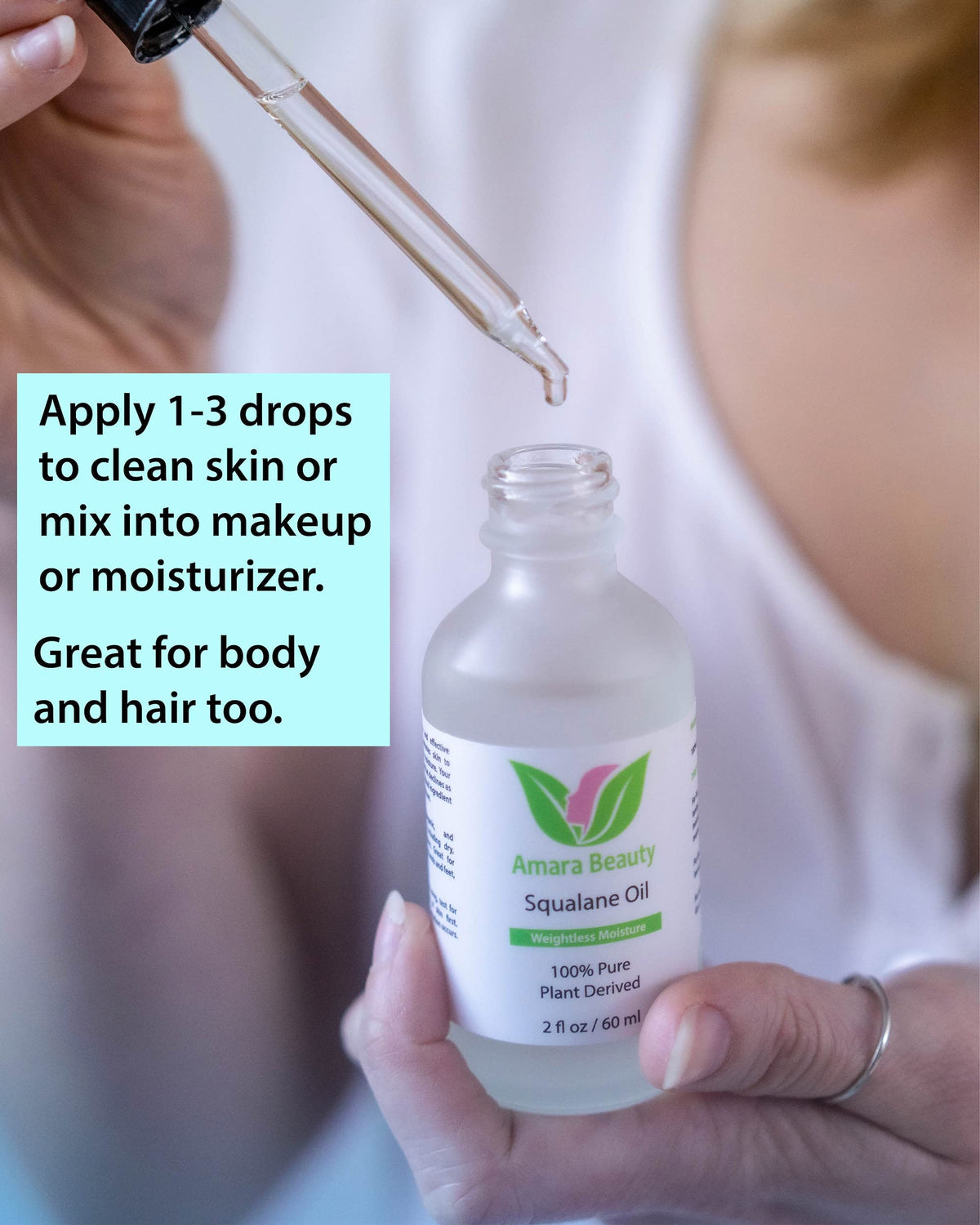 Amara Beauty applying squalane to face for hydrated, non-greasy finish and smooth skin