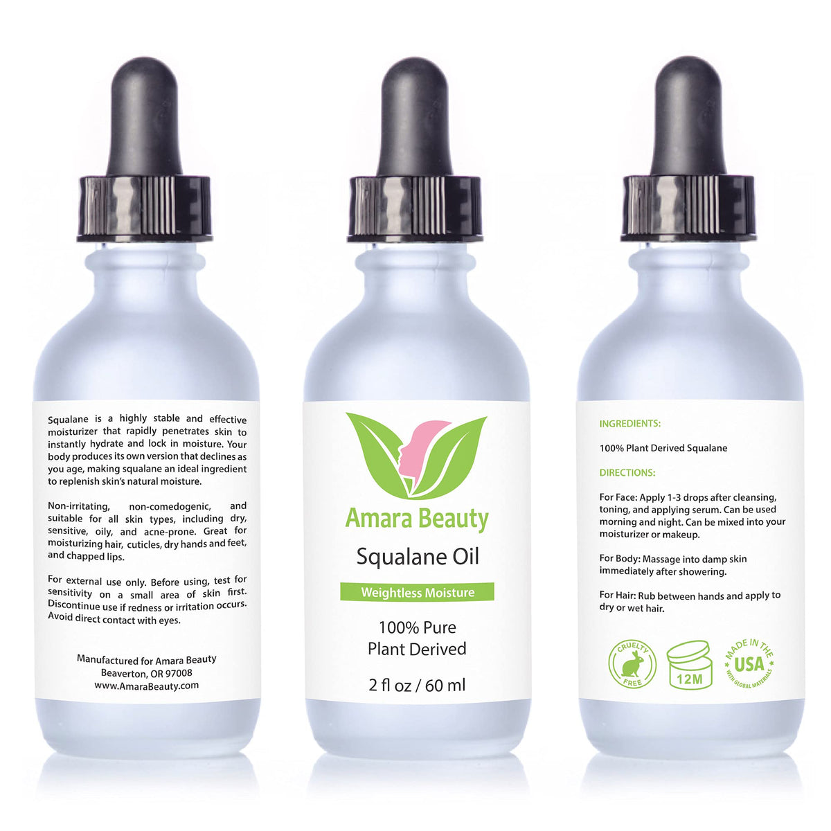 Amara Beauty bottle beside ruler showing 2 fl oz scale and full ingredient label