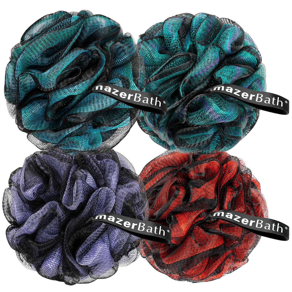 AmazerBath front view of four-color loofah set shows appealing shower puffs and storage benefit