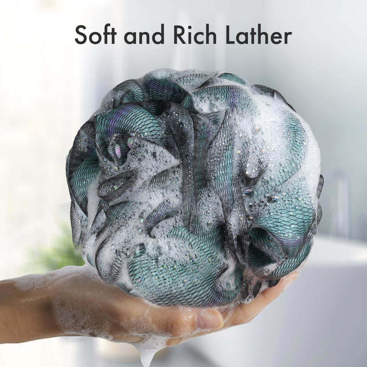 AmazerBath loofah hanging loop on shower hook illustrating quick-dry storage convenience