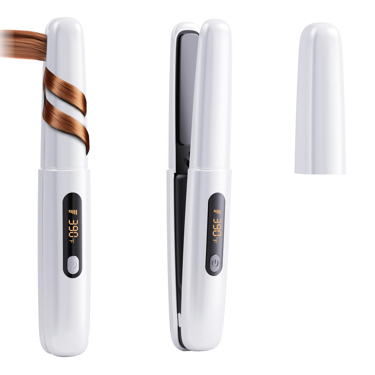 amazebra cordless styler front view showing sleek white finish and portable benefit