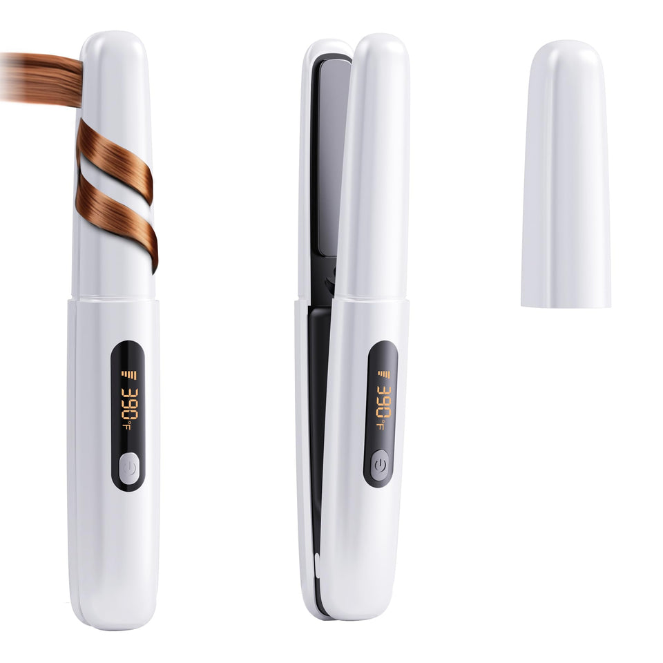 amazebra cordless styler front view showing sleek white finish and portable benefit