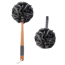 AmazerBath front view of black long-handle loofah showing full product and handle benefit