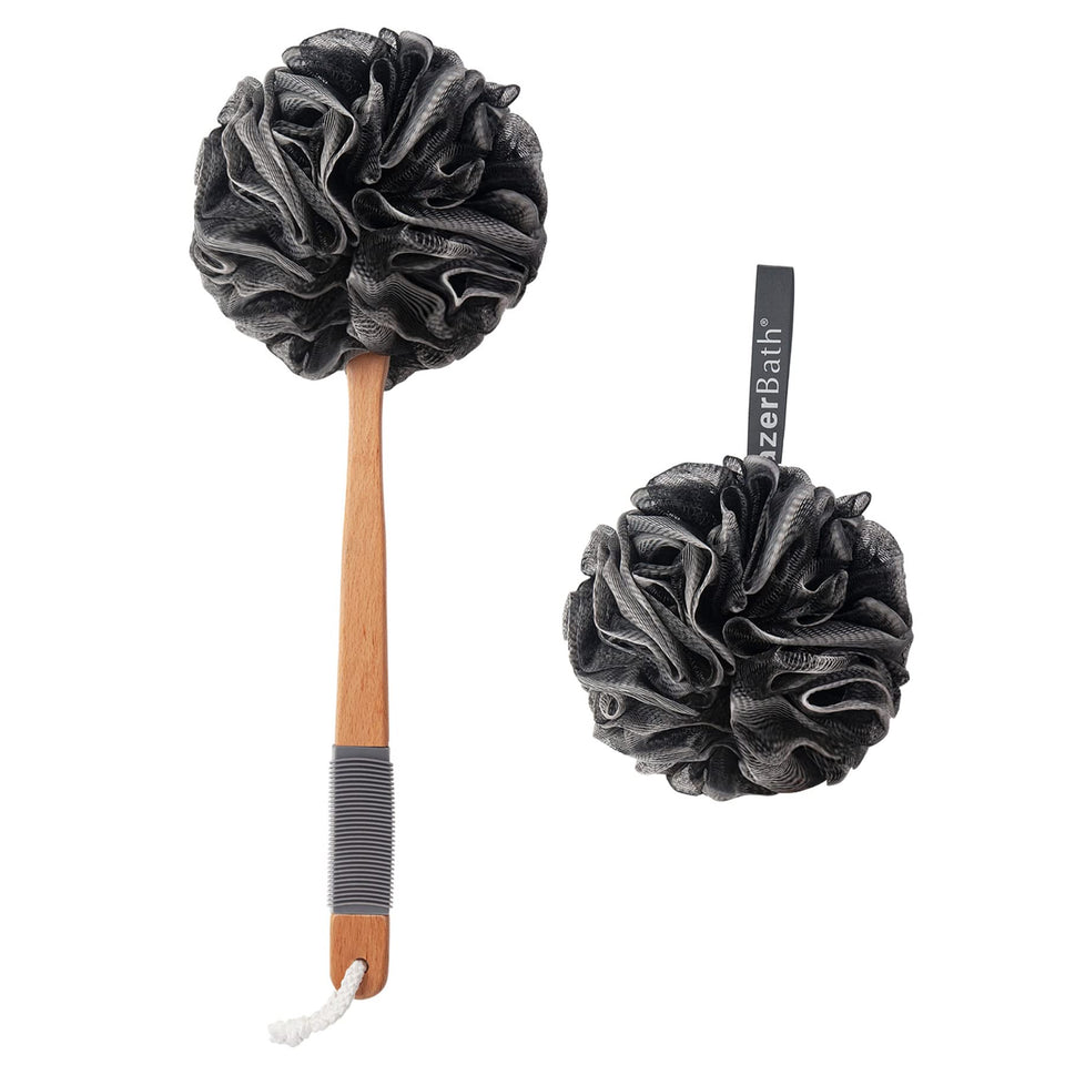 AmazerBath front view of black long-handle loofah showing full product and handle benefit