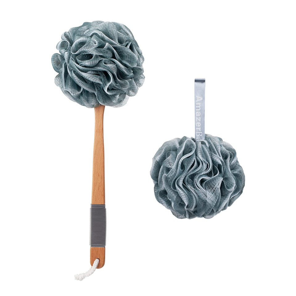 AmazerBath front view of gray loofah with handle showing practical design