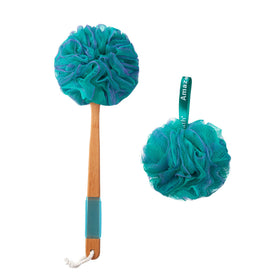 AmazerBath front packaging showing green loofah and handle for clear product ID and benefits