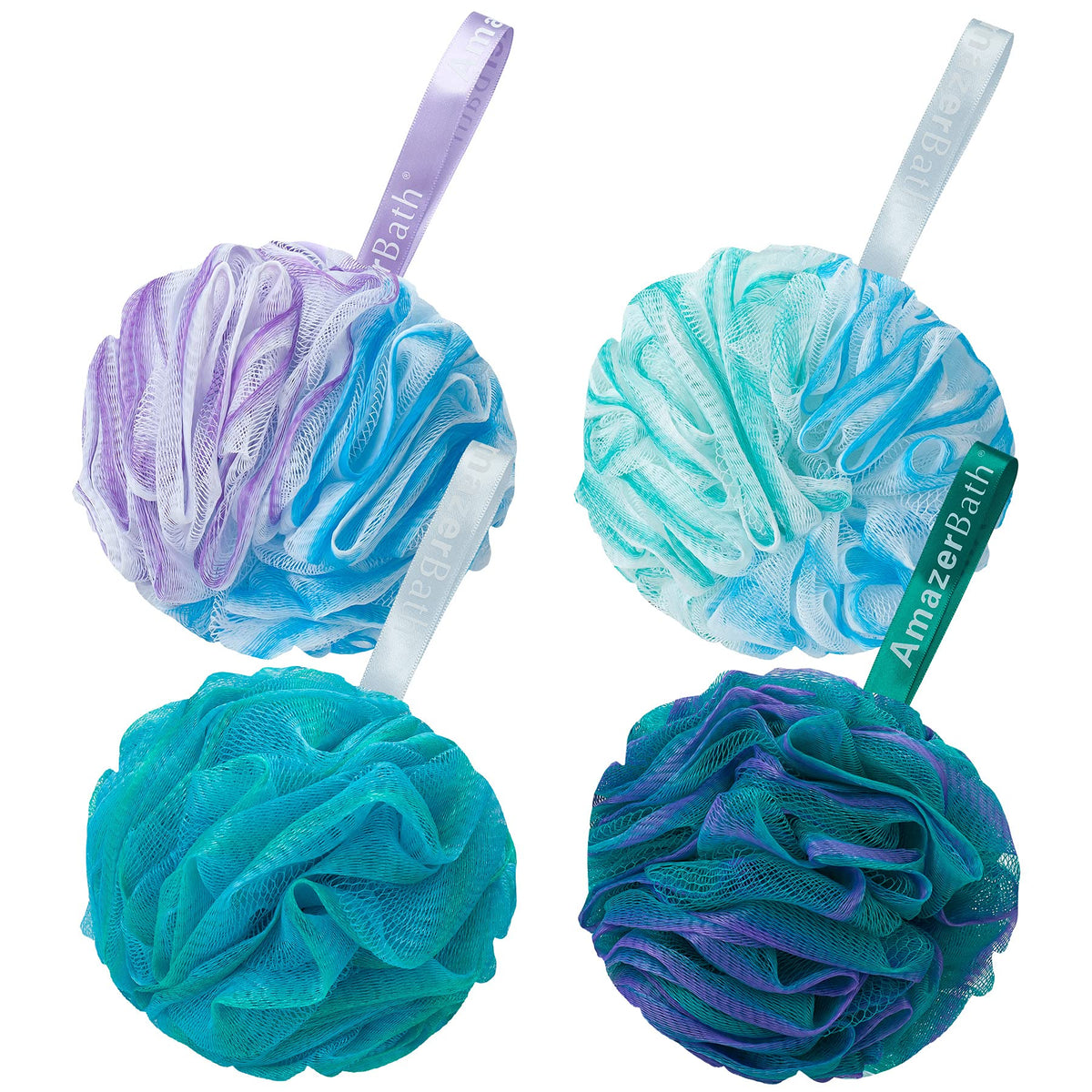 AmazerBath front view of four-color loofah set shows size and colors, ideal for gifting