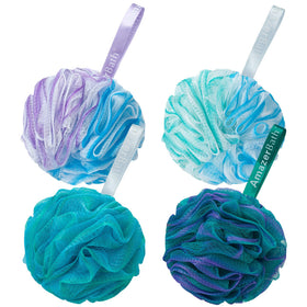 AmazerBath front view of four-color loofah set shows size and colors, ideal for gifting