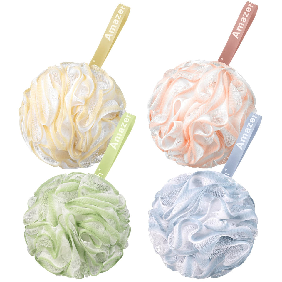 AmazerBath front view of four-color loofah set showing packaging and colors, convenient gift