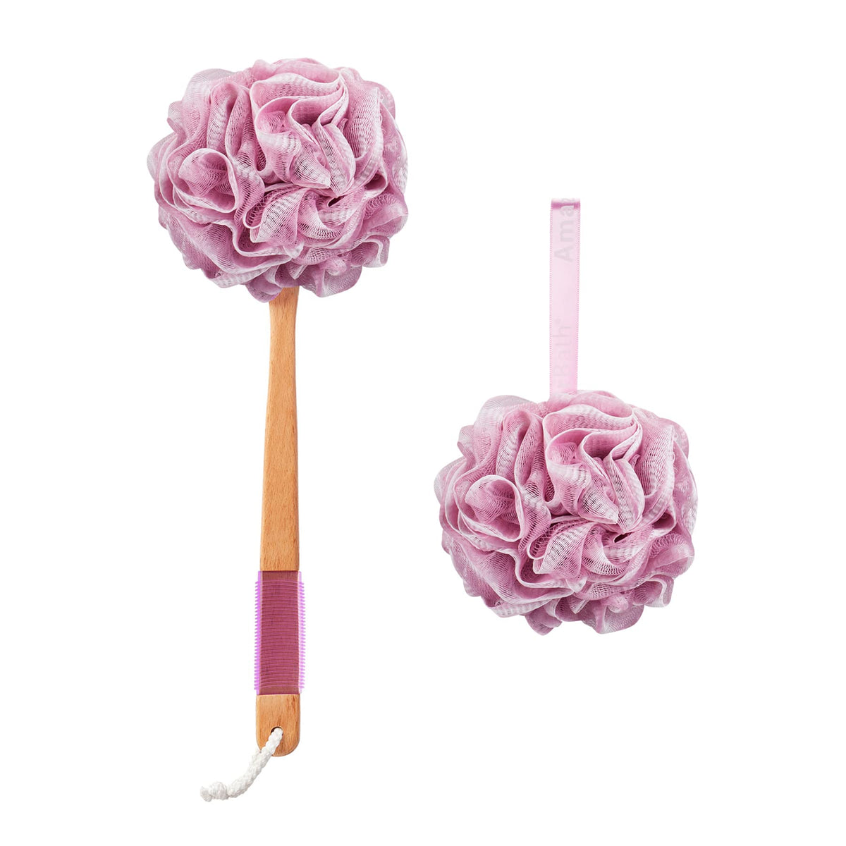 AmazerBath front view of pink loofah set showing complete kit and benefits