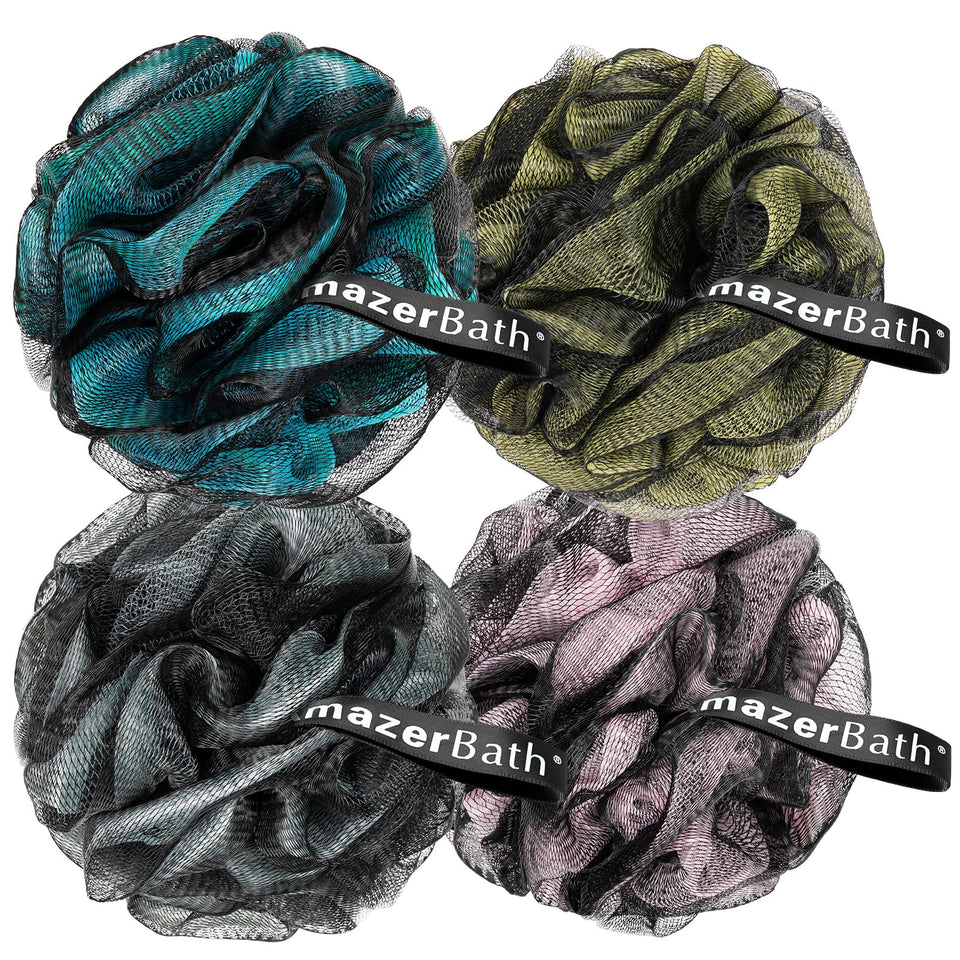 AmazerBath front view showing four-color loofah set and packaging benefit: clear color choice