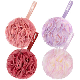 AmazerBath front view of four SunsetBerry loofahs showing size and packaging benefit