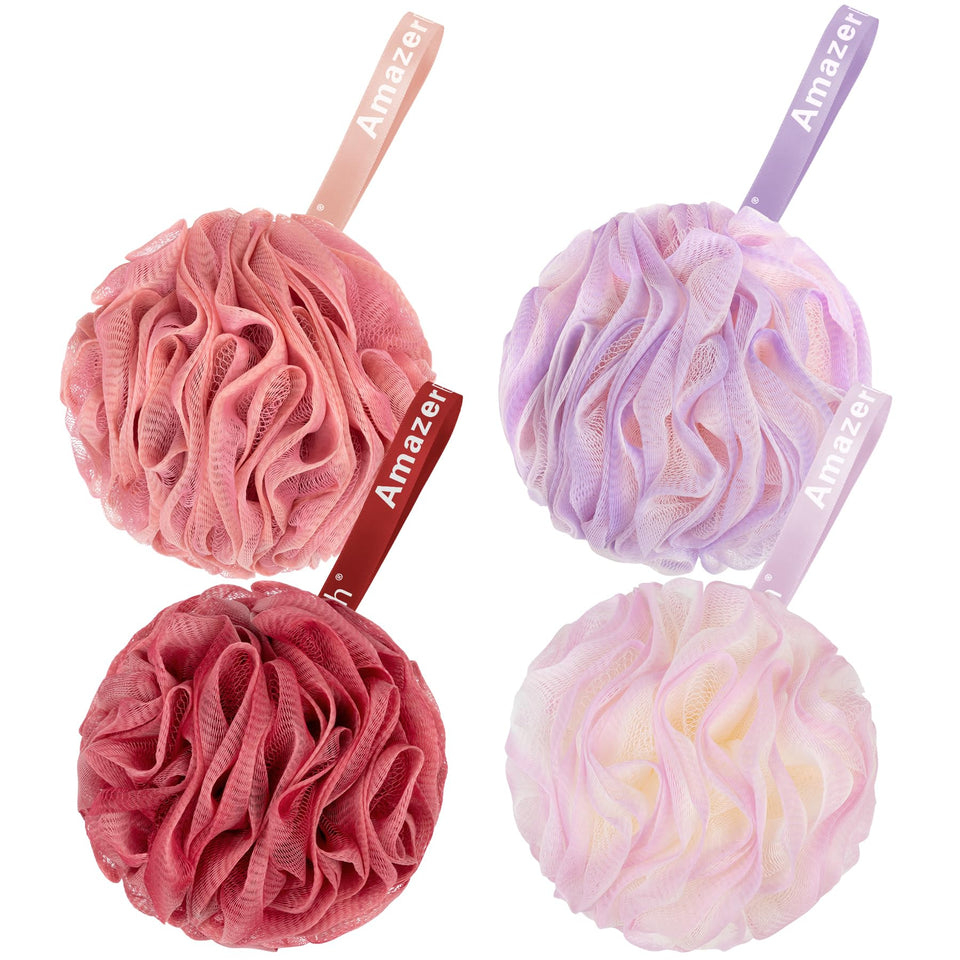 AmazerBath front view of four SunsetBerry loofahs showing size and packaging benefit