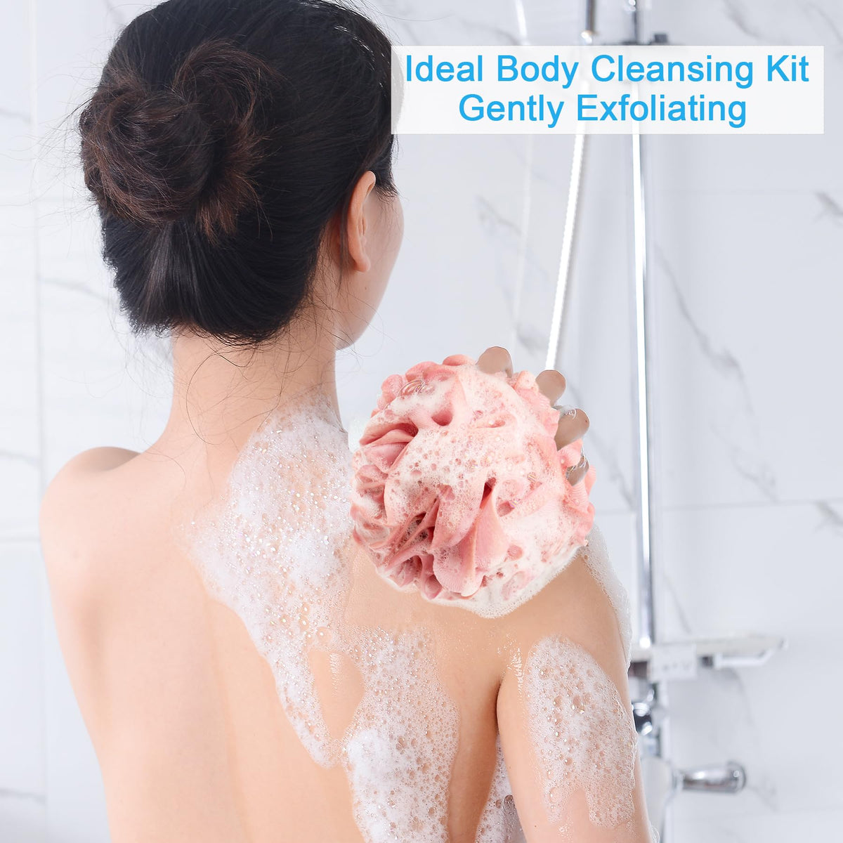 AmazerBath loofah held in hand to show large 75g scale and easy grip