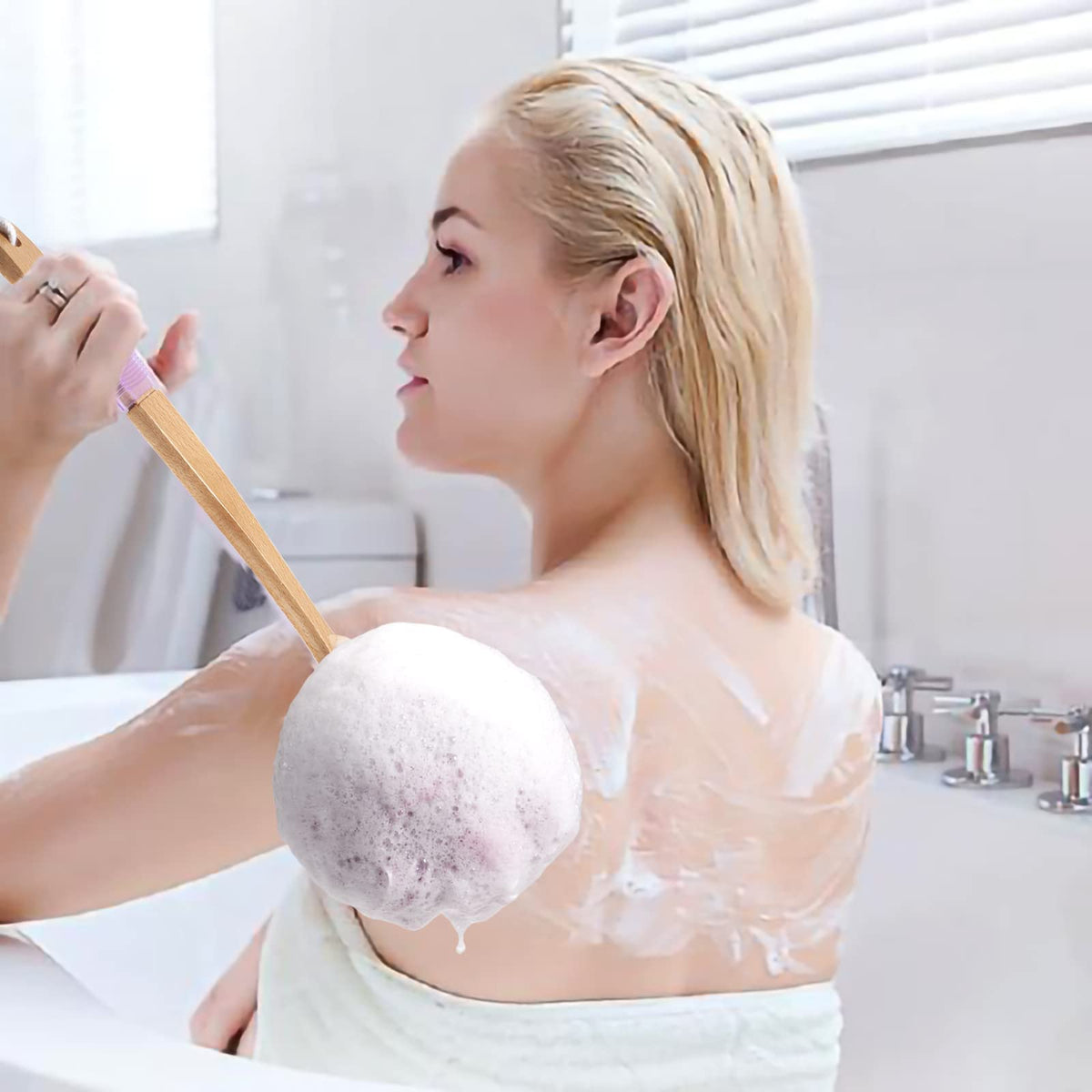 AmazerBath loofah in use cleaning a back illustrating easy reach