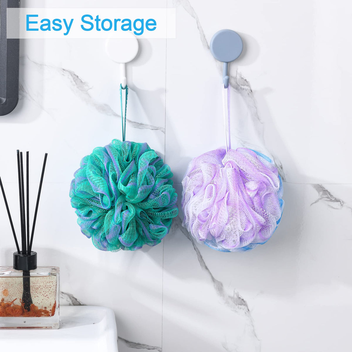 AmazerBath loofahs styled in bathroom setting showcasing coordinated colors and decor