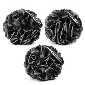 AmazerBath loofah front packaging showing set of three and benefits
