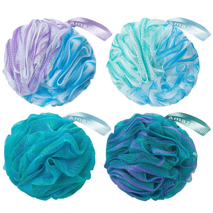 AmazerBath loofah front packaging showing four flower colors and bundle benefit