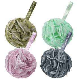 AmazerBath front view of four-color loofah pack showing value and design