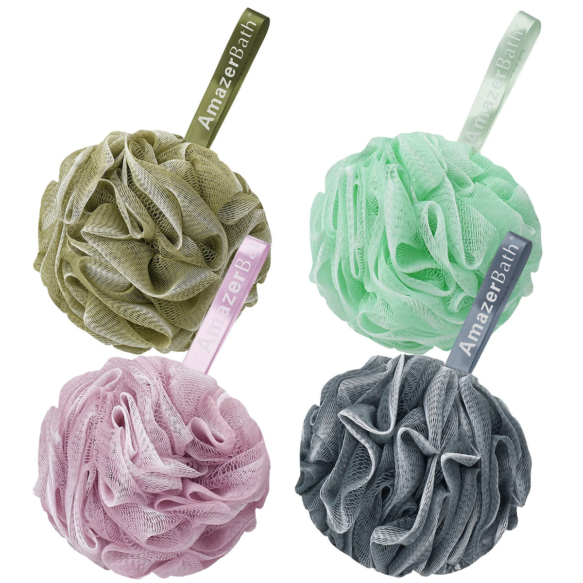 AmazerBath loofah pack front view showing four colors and durable design benefit