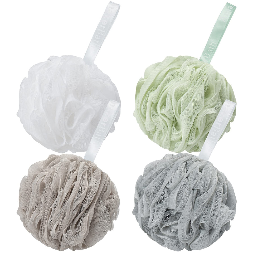 AmazerBath front packaging showing four neutral-color loofahs, appealing and gift-ready