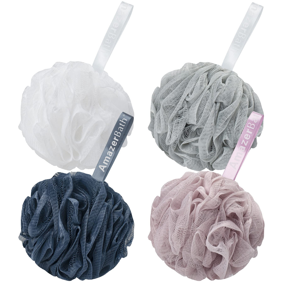AmazerBath front view of four-pack loofahs showing colors and packaging benefit