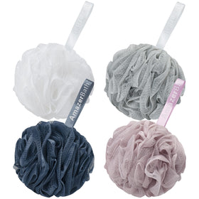 AmazerBath front view of four-pack loofahs showing colors and packaging benefit