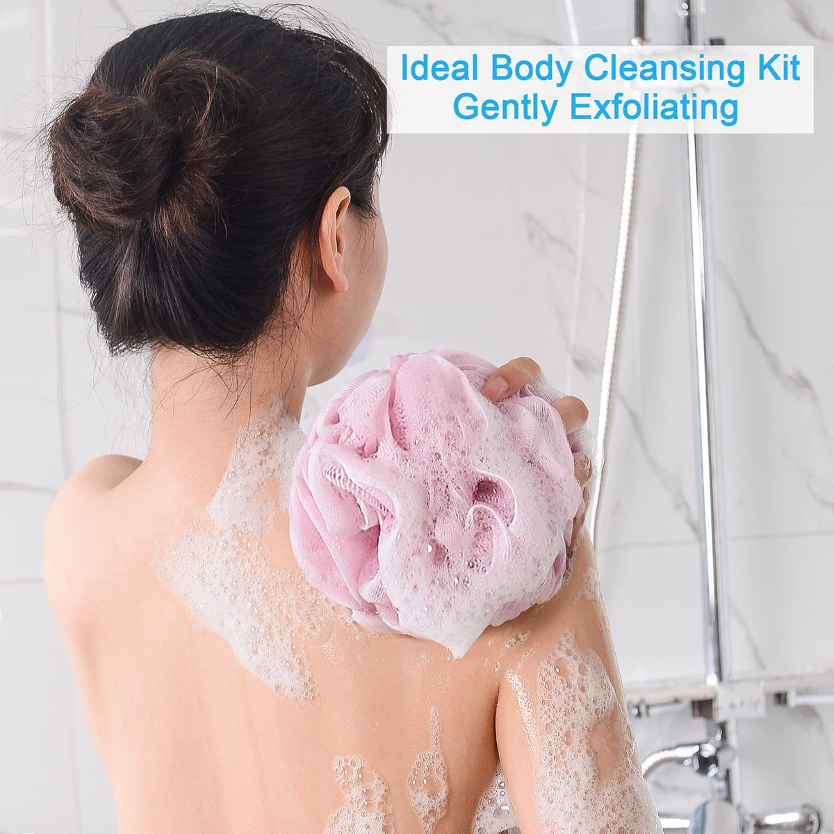 AmazerBath loofah hanging by ribbon to dry for longer-lasting freshness