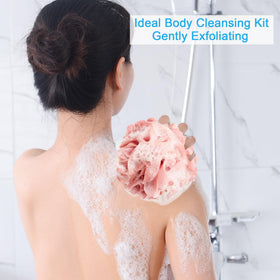 AmazerBath loofah hanging on shower hook for quick-dry storage benefit