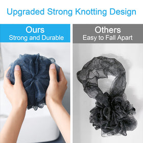 AmazerBath loofah held in hand to show size and comfortable grip benefit