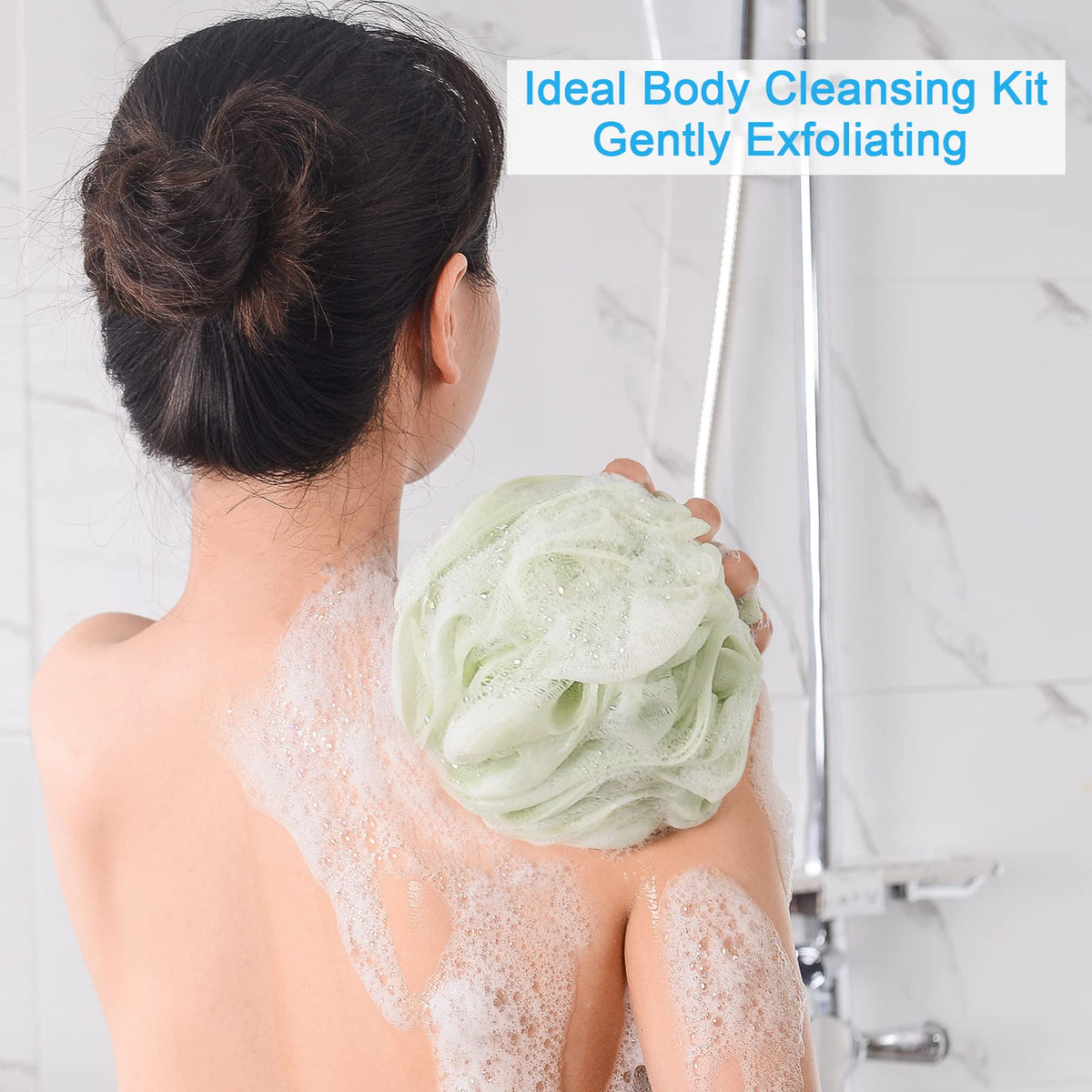 AmazerBath loofah in hand showing large 75g size for full-body coverage