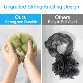 AmazerBath loofah next to hand showing 75g large size for fuller coverage benefit