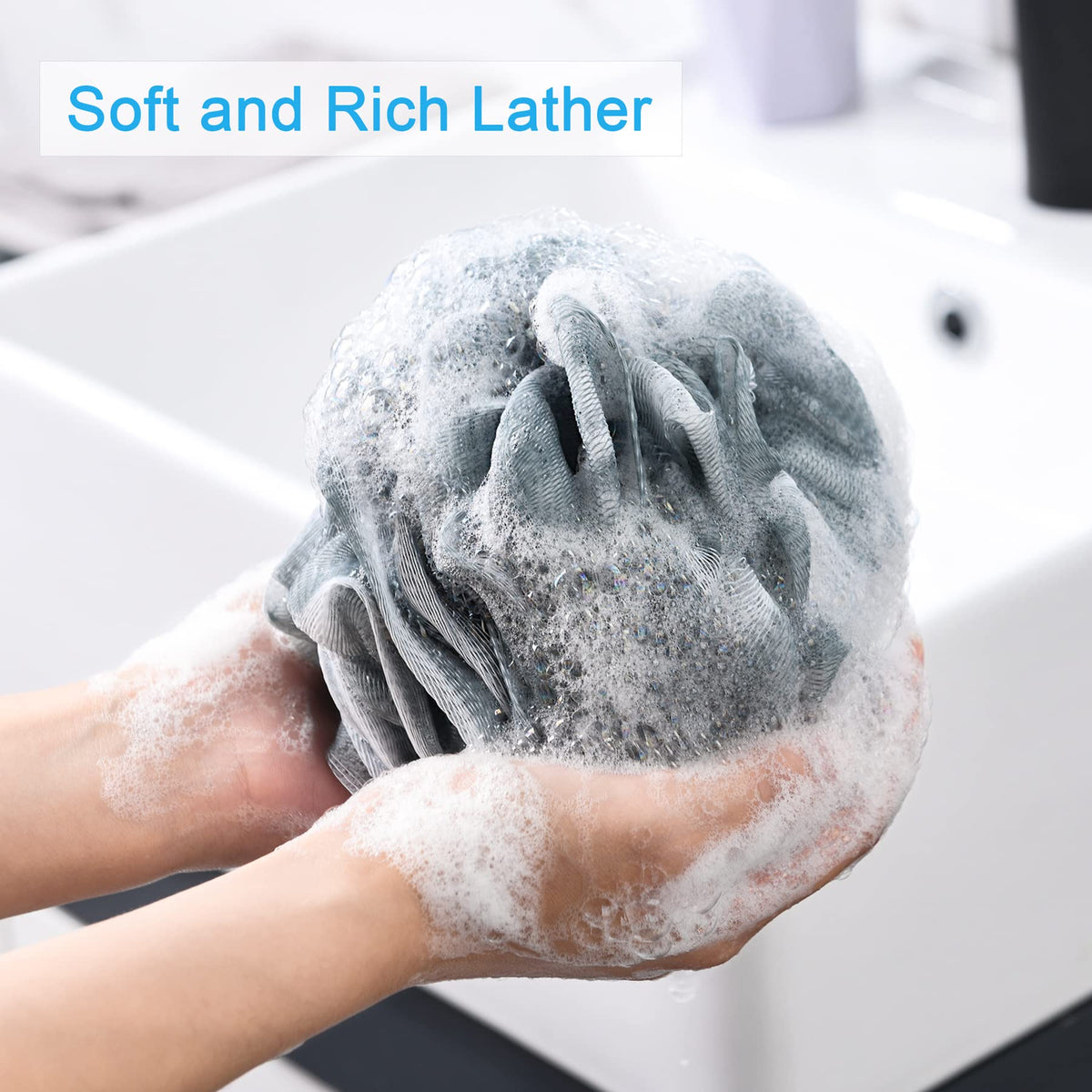 AmazerBath mesh texture close-up revealing dense foam benefit