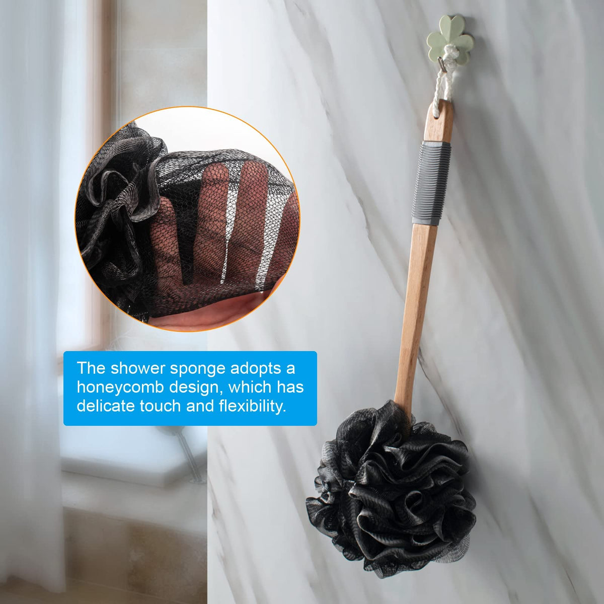 AmazerBath size comparison with hand and tile to show 17-inch reach benefit