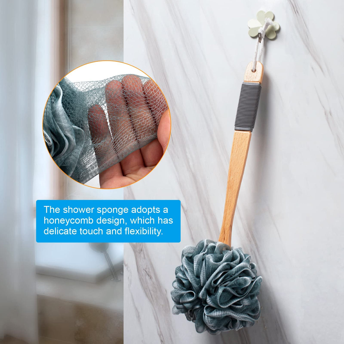 AmazerBath scale comparison showing 17-inch handle for better reach