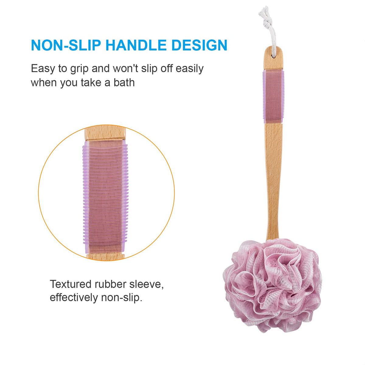 AmazerBath wooden handle detail showing durable beech wood and secure grip