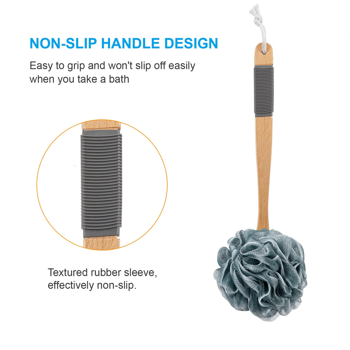 AmazerBath wooden beech-handle detail highlighting sturdy grip