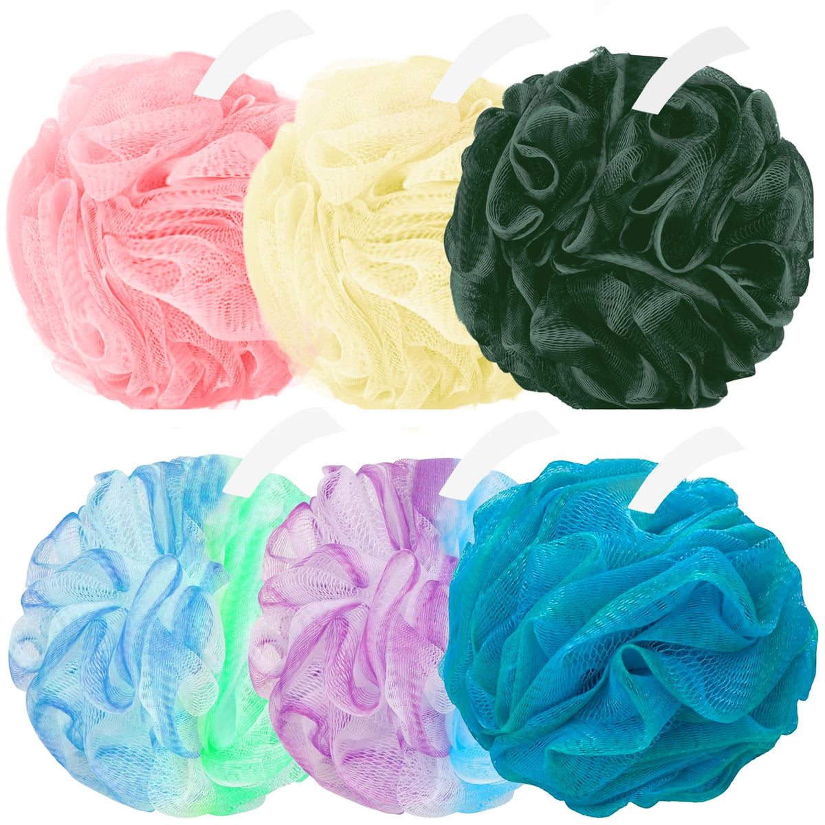Amazerbst loofah front packaging showing six colorful shower puffs and brand