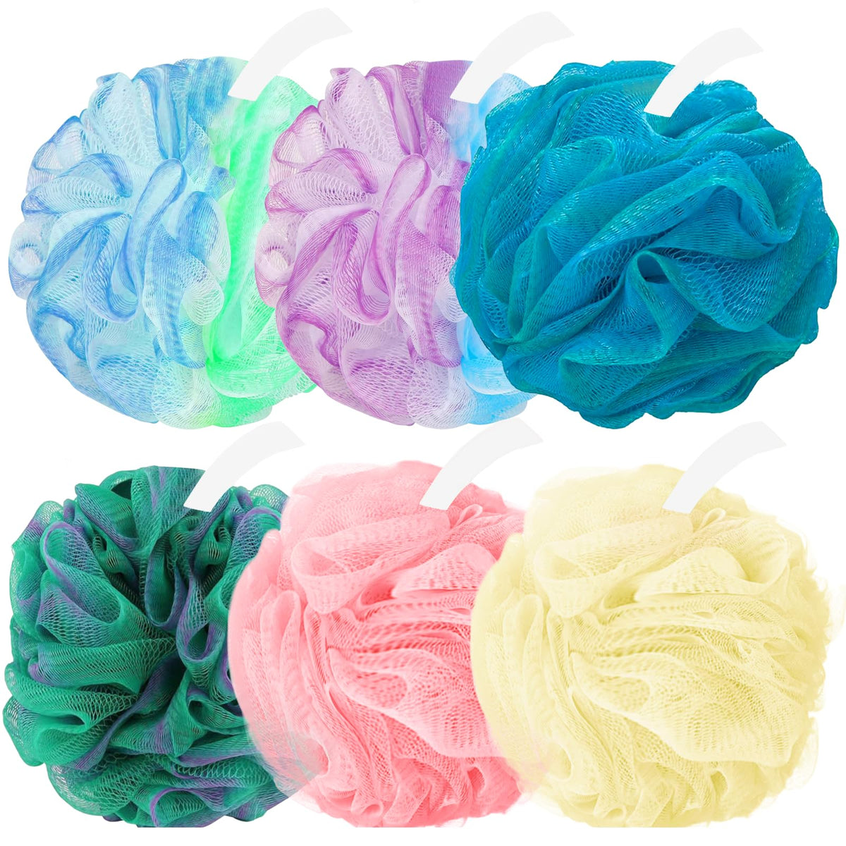 Amazerbst front packaging showing six colorful loofahs and compact box — convenient storage