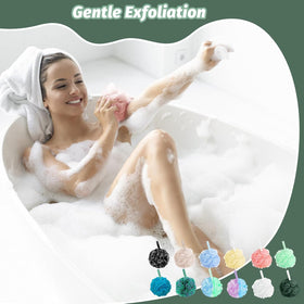 Amazerbst loofah hanging in shower with water droplets showing quick-dry advantage