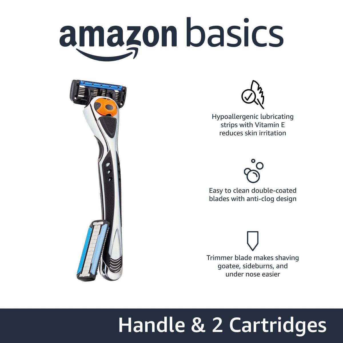 Amazon Basics 5-blade cartridge close-up highlighting lubricating strips and blades