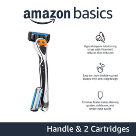 Amazon Basics 5-blade cartridge close-up highlighting lubricating strips and blades