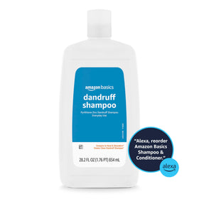 Amazon Basics shampoo on bathroom shelf in routine setting, convenient daily use