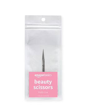 Amazon Basics front view of silver curved beauty scissors showing compact design and easy handling