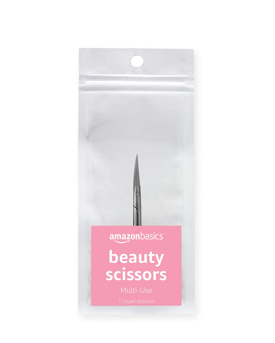 Amazon Basics front view of silver curved beauty scissors showing compact design and easy handling