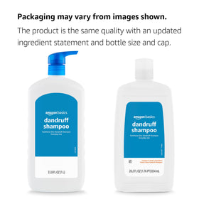 Amazon Basics ingredients label close-up, showing pyrithione zinc 1% and claims