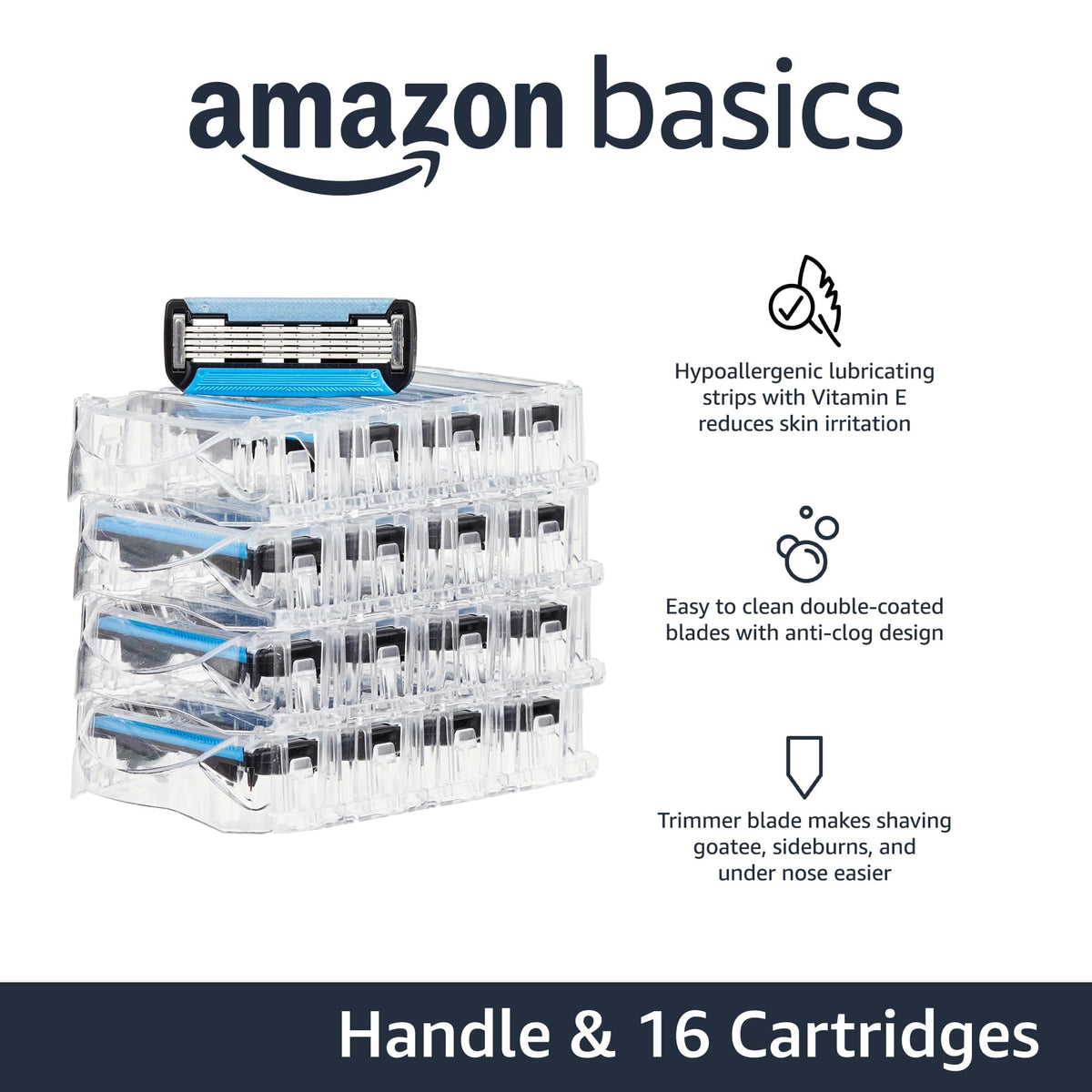 Amazon Basics cartridge close-up showing five blades and vitamin E lubricating strip benefit