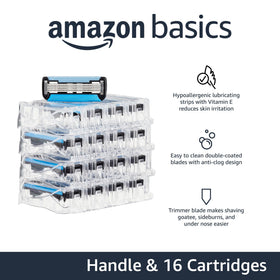 Amazon Basics cartridge close-up showing five blades and vitamin E lubricating strip benefit