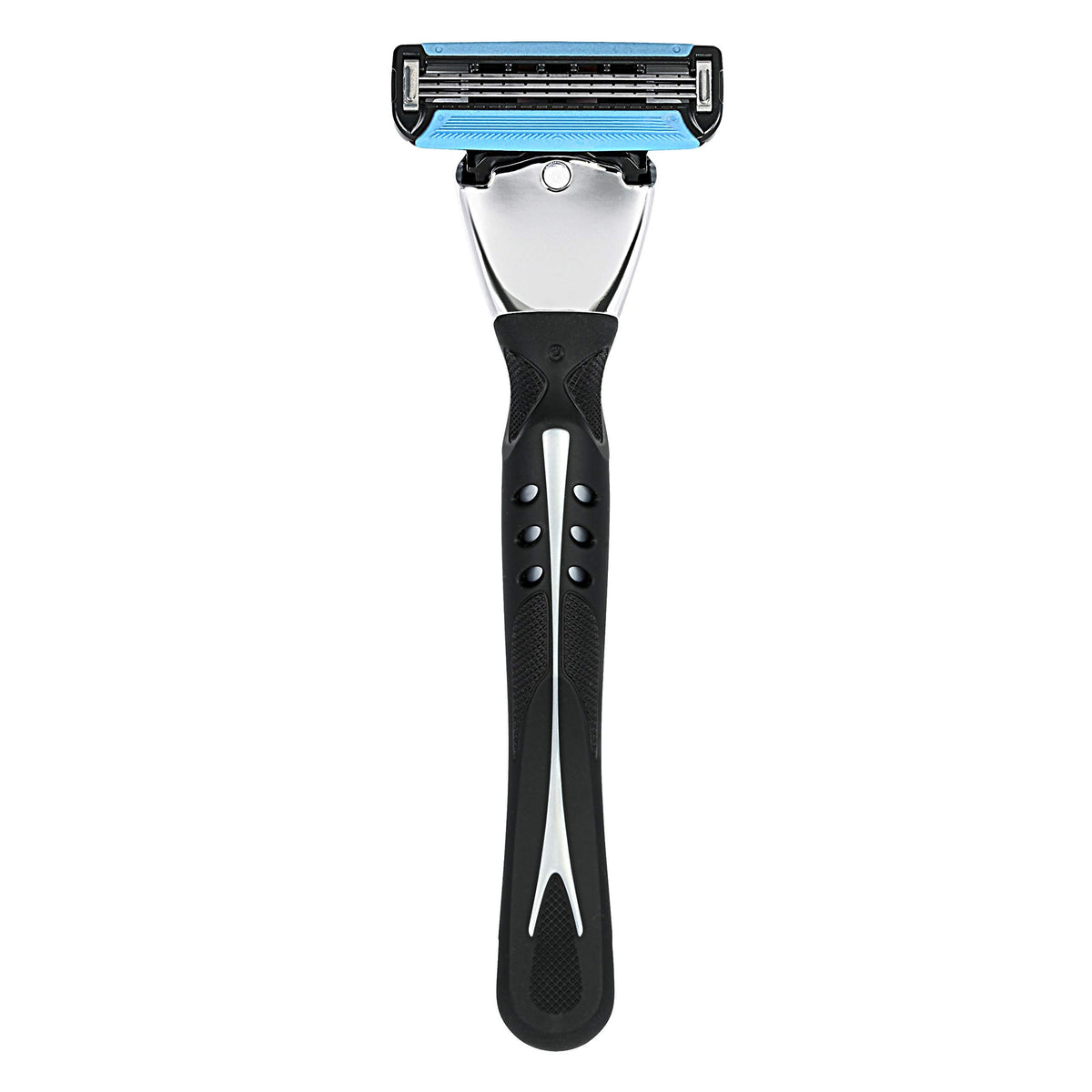 Amazon Basics close-up of three blades and Vitamin E lubricating strip for smoother shaves